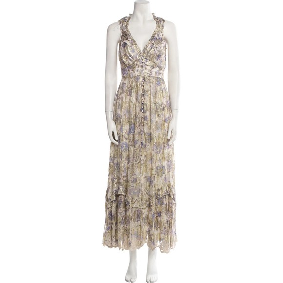 Hemant & Nandita Dress Women Small Gold Floral Sleeveless Buttoned Tiered‎